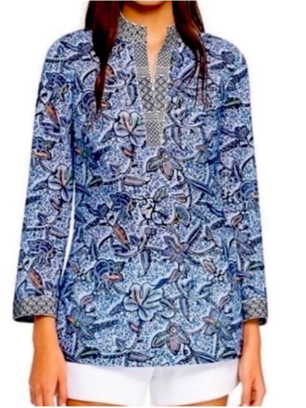 Tory Burch lightweight 100% Cotton Blue Floral Split-Neck Tunic Top size 2